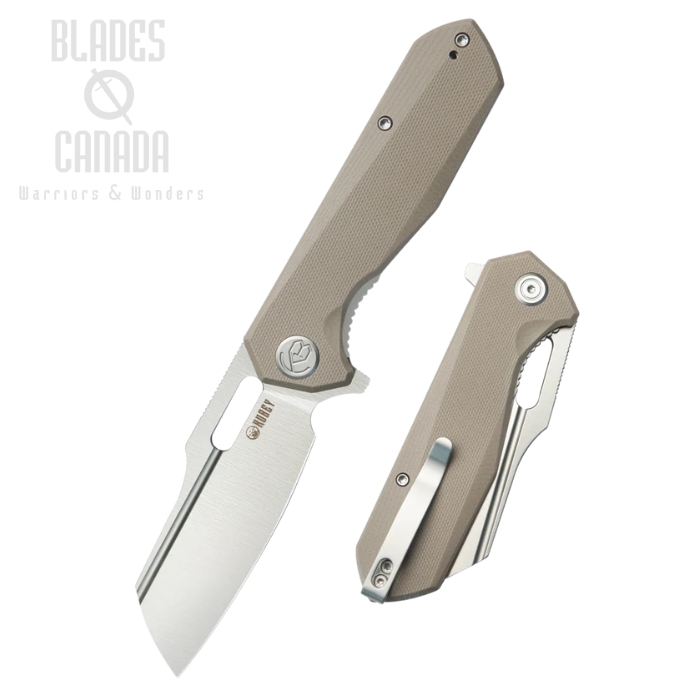 Kubey Atlas Flipper Folding Knife, 14C28N Satin, G10 Tan, KU328J