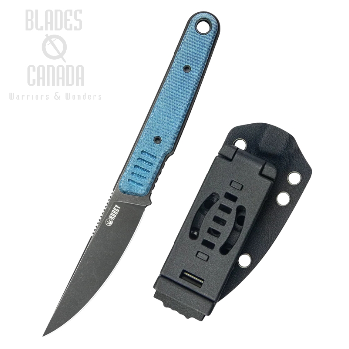 Kubey JL Kwaiken Fixie Fixed Blade Knife, 14C28N Blackwash, Micarta Blue, Kydex Sheath, KU355B