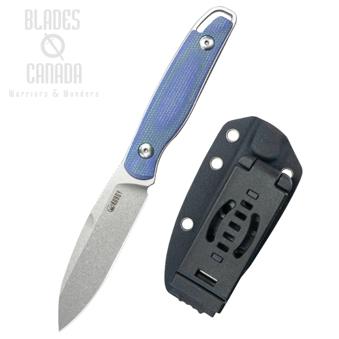 Kubey Dust Devil Fixed Blade Utility Knife, 14C28N Beadblast, Micarta Blue, Kydex Sheath, KU357D