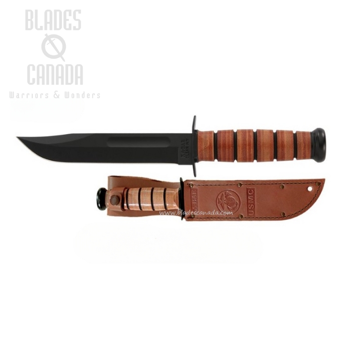 Ka-Bar USMC Fixed Blade Knife, 1095 Cro-Van, Leather Handle, Leather Sheath, 1217