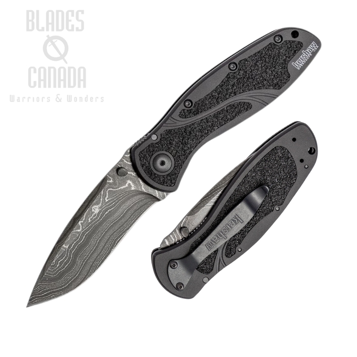 Kershaw Blur Folding Knife, Assisted Opening, Damascus Blade, Aluminum Black, K1670BLKDAM