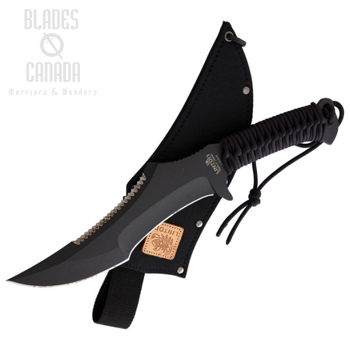 Linton Cutlery Fixed Blade Machete, Stainless Black Sawback, Cord Wrapped Black, L101061B