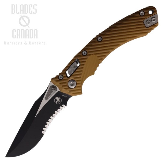 Microtech Amphibian S/E Ram-Lok Folding Knife, M390MK Two-Tone Serrated, Aluminum Tan, 137RL-2FLTA