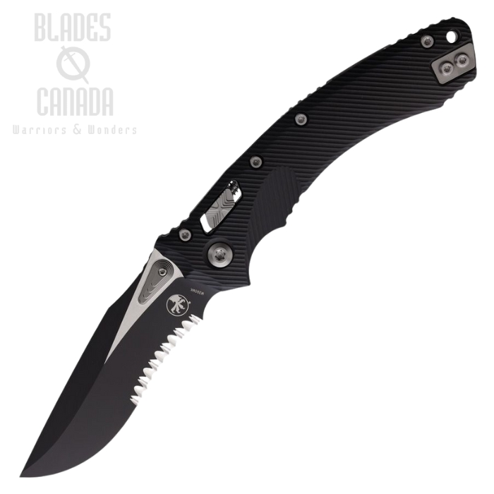 Microtech Amphibian S/E Ram-Lok Folding Knife, M390MK Two-Tone Serrated, Aluminum Black, 137RL-2FL