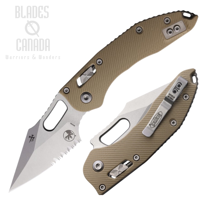 Microtech Stitch S/E Ram-Lok Folding Knife, M390MK Partially Serrated, G10 Tan Fluted, MCT16222