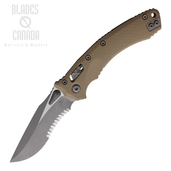 Microtech Amphibian Ram-Lok Folding Knife, M390 Apocalyptic Partially Serrated, G10 Tan, 137RL-11APFLGTTA