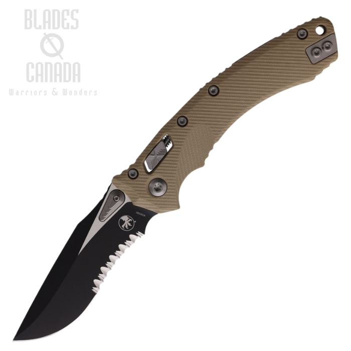 Microtech Amphibian S/E Ram-Lok Folding Knife, M390MK Two-Tone Partially Serrated, G10 Tan, 137RL-2FLGTTA