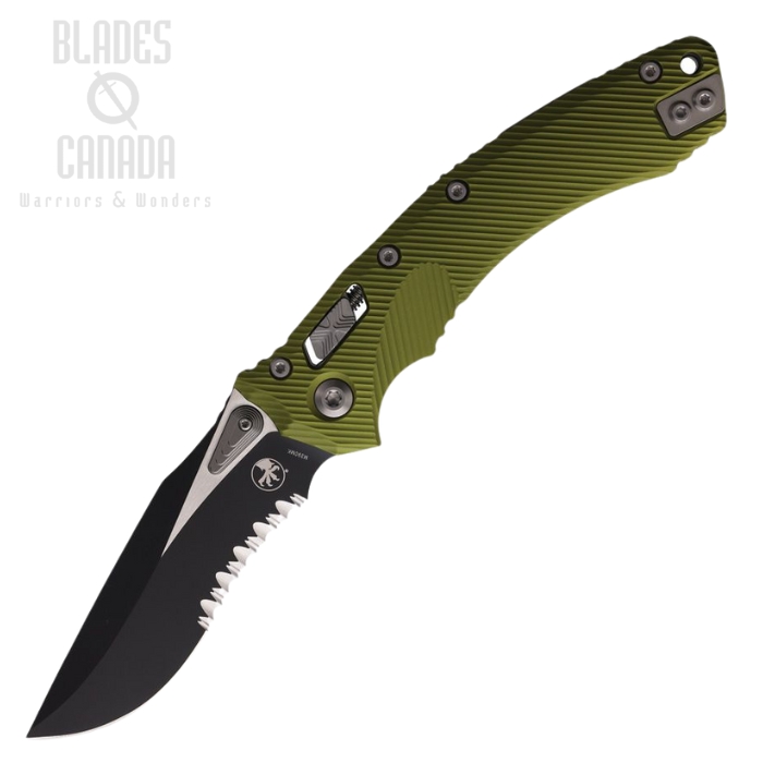 Microtech Amphibian S/E Ram-Lok Folding Knife, M390MK Two-Tone Serrated, Aluminum OD Green, 137RL-2FLOD