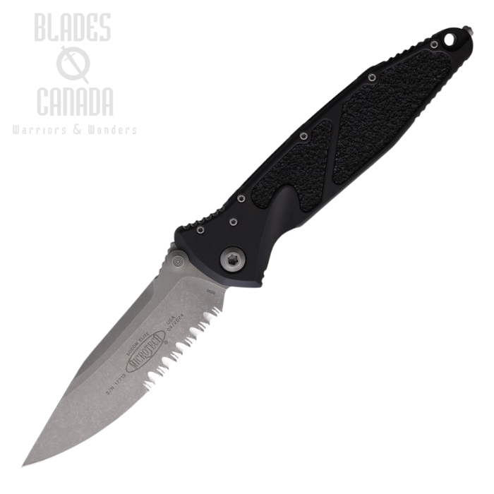 Microtech Socom Elite S/E Ram-Lok Folding Knife, M390MK Apocalyptic Partially Serrated, Aluminum Black, 160-11AP