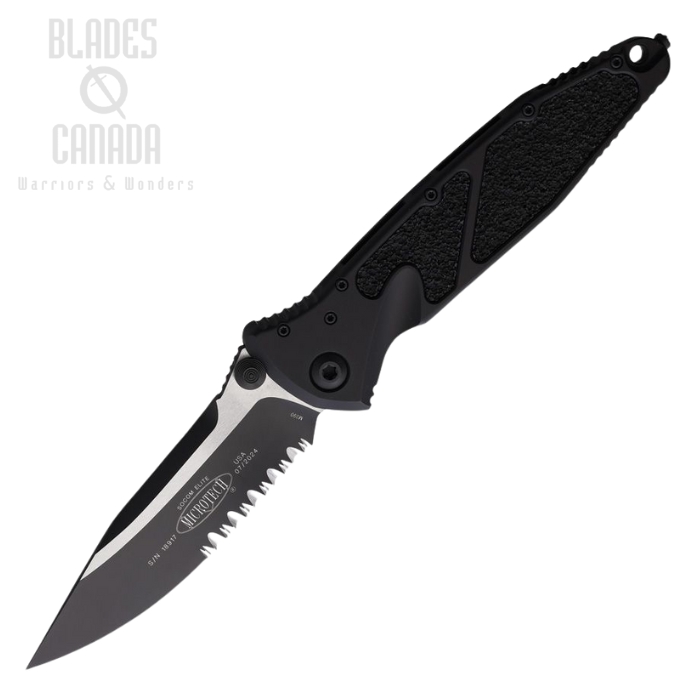 Microtech Socom Elite S/E Folding Knife, M390 Two-Tone Serrated, Aluminum Black, MCT1602T