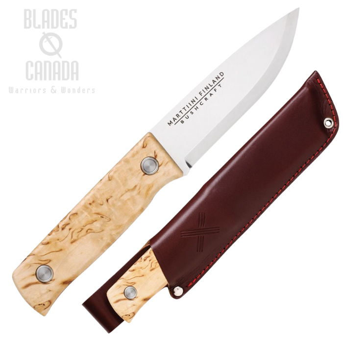 Marttiini Tundra Bushcraft Fixed Blade Knife, 1.4116 Satin, Curley Birch Waxed, Leather Sheath, MN352010