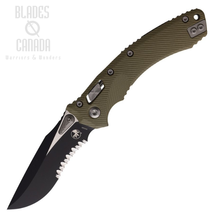 Microtech Amphibian S/E Ram-Lok Folding Knife, M390 Two-Tone Serrated, G10 OD Green, 137RL-2FLGTTA