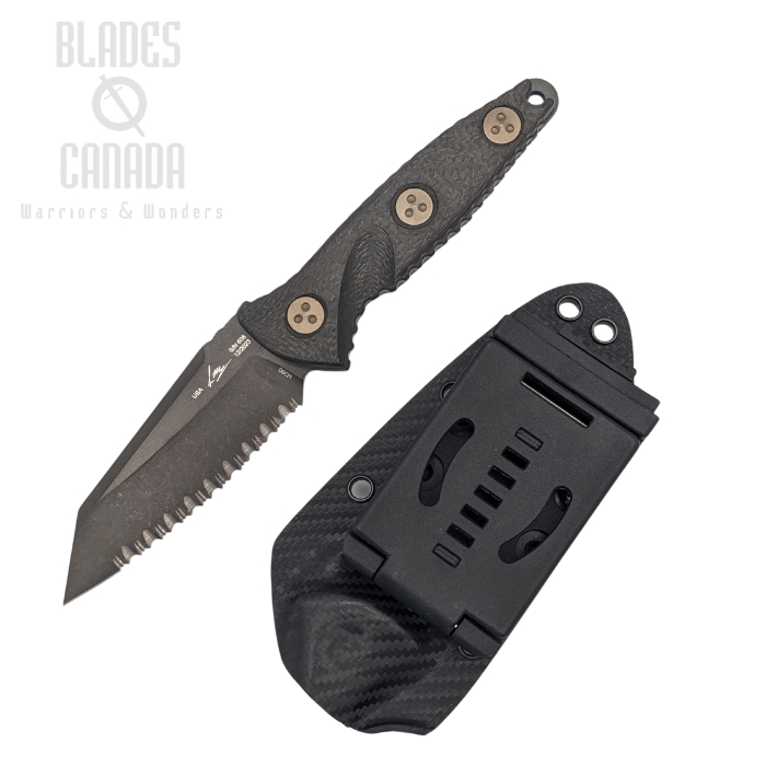 Microtech Socom Alpha Mini Warcom Fixed Blade Knife, M390 Black Fully Serrated, Carbon Fiber, 93M-3DLCCFS