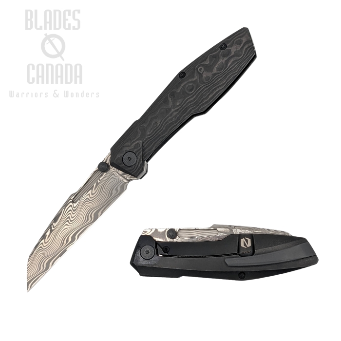 Null Raikou Framelock Folding Knife, Damasteel, Fat Carbon Fiber Black/Black PVD