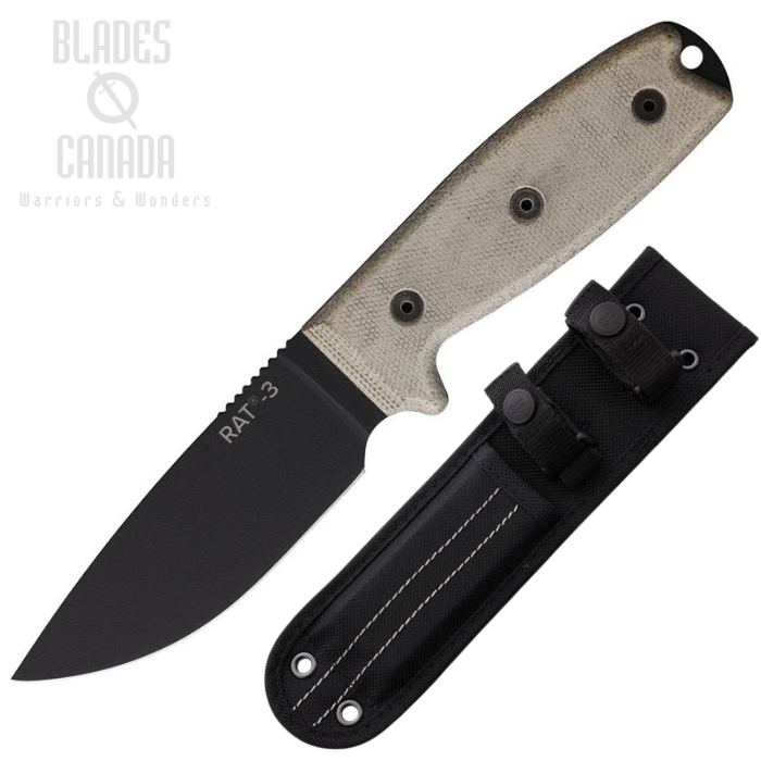 OKC RAT 3 Fixed Blade Knife, 1075HC Black, Micarta Tan, Nylon Black Sheath, ON8630