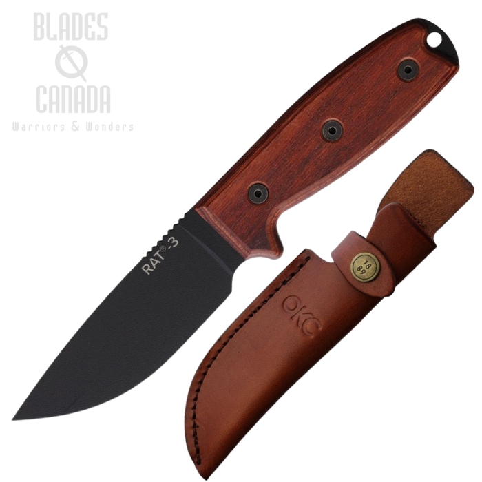 OKC RAT 3 Fixed Blade Knife, High Carbon Black, Laminated Wood, Leather Sheath, ON8675