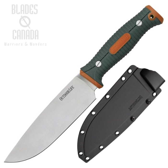 Outdoor Life Fixed Blade Knife, Nylon Orange/Rubber Green, Nylon Black Sheath, OLFIX002OGN