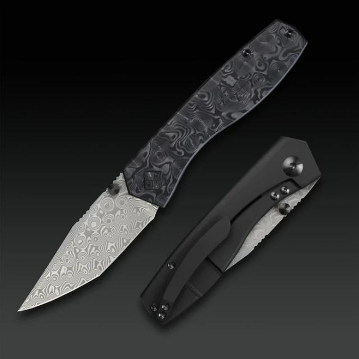 Ocaso The Delos Framelock Folding Knife, Damascus, Carbon Fiber/Titanium Black, 12IBK
