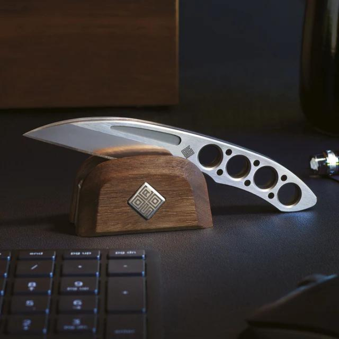 Ocaso Duo Desk Knife, Stainless Steel Wharncliffe, Walnut/Stainless Stand, 80DKW