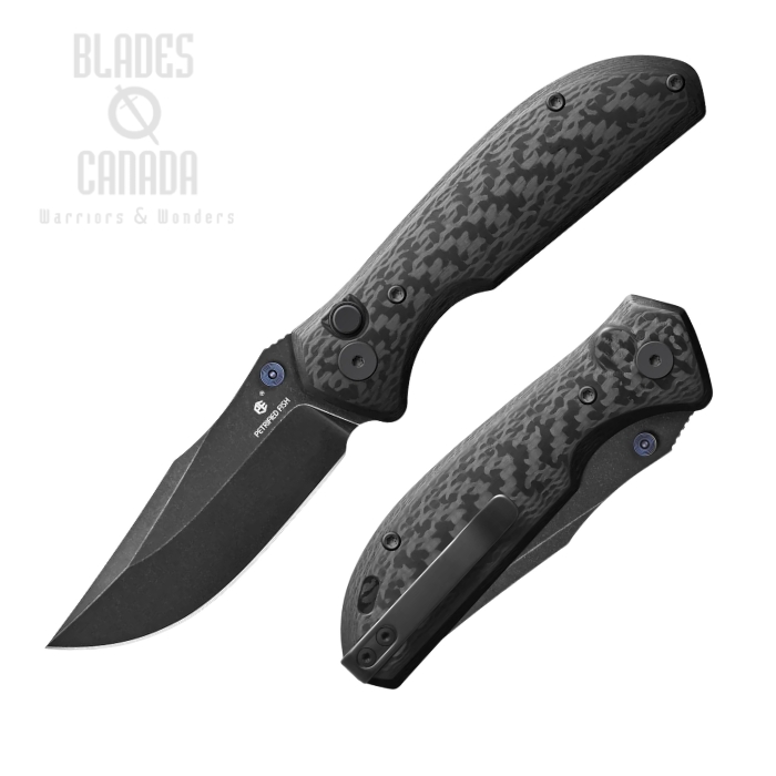 Petrified Fish Guppy Button Lock Folding Knife, N690 Black SW, Carbon Fiber Twill, PFE19CDW (image for) Petrified Fish Guppy Button Lock Folding Knife, N690 Black SW, Carbon Fiber Twill, PFE19CDW