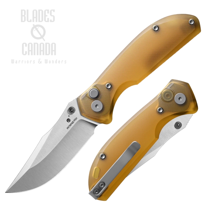 Petrified Fish Guppy Button Lock Folding Knife, N690 Satin, Ultem Handle, PFE19US (image for) Petrified Fish Guppy Button Lock Folding Knife, N690 Satin, Ultem Handle, PFE19US