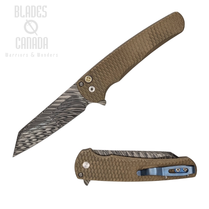 Pro-Tech Custom Malibu Flipper Button Lock Knife, Damascus, Aluminum Bronze Distressed, 24MALIBUDAMA