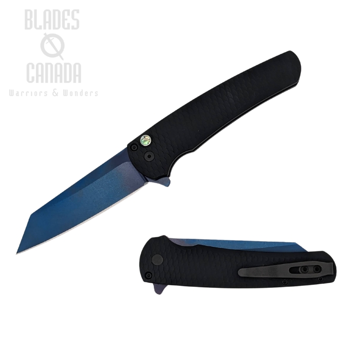 Pro-Tech Malibu Flipper Button Lock Knife, CPM 20CV Blue DLC, Aluminum Black Dragon Scale, 5236-SB