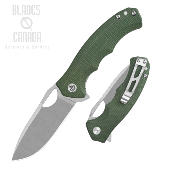 QSP Gorilla Flipper Folding Knife, 14C28N Stonewashm Micarta Green, QS153-C1
