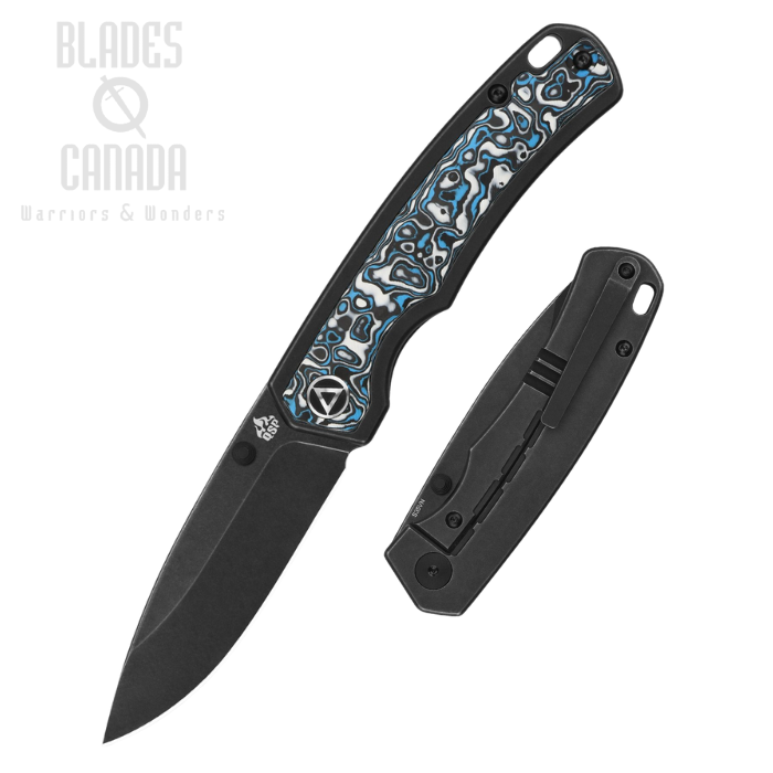 QSP Puffin Framelock Folding Knife, S35VN Black SW, Titanium Black/Carbon Fiber White & Blue, QS127-F2