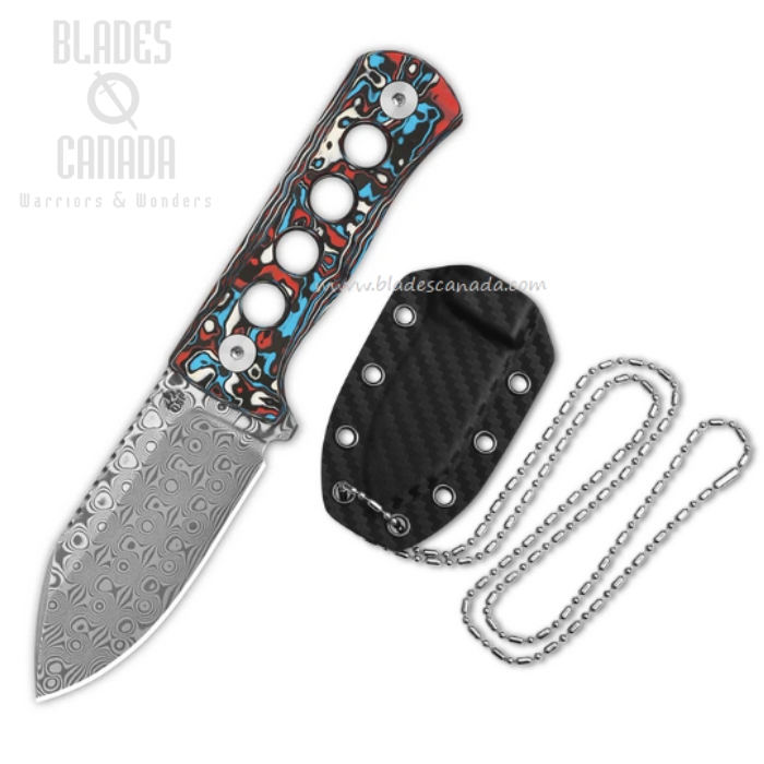 QSP Canary Fixed Blade Neck Knife, Laminated Damascus, Carbon Fiber Red/Blue, QS141-J