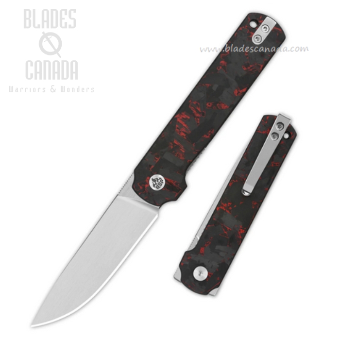 QSP Lark Flipper Folding Knife, 14C28N Satin, Red Shredded Carbon Fiber/G10, QS144-D