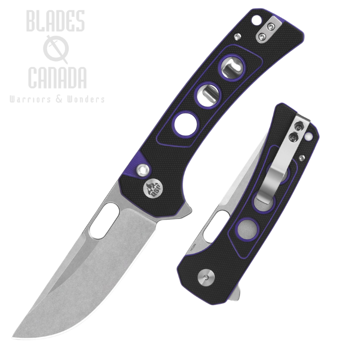 QSP Unicorn Flipper Button Lock Knife, 14C28N SW, G10 Black/Purple, QS156-B1