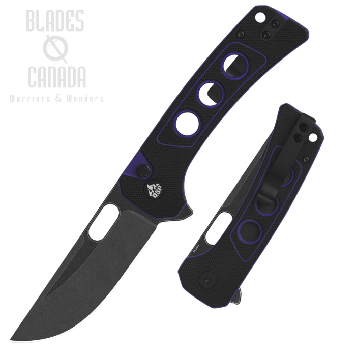 QSP Unicorn Flipper Button Lock Knife, 14C28N Black SW, G10 Black/Purple, QS156-B2