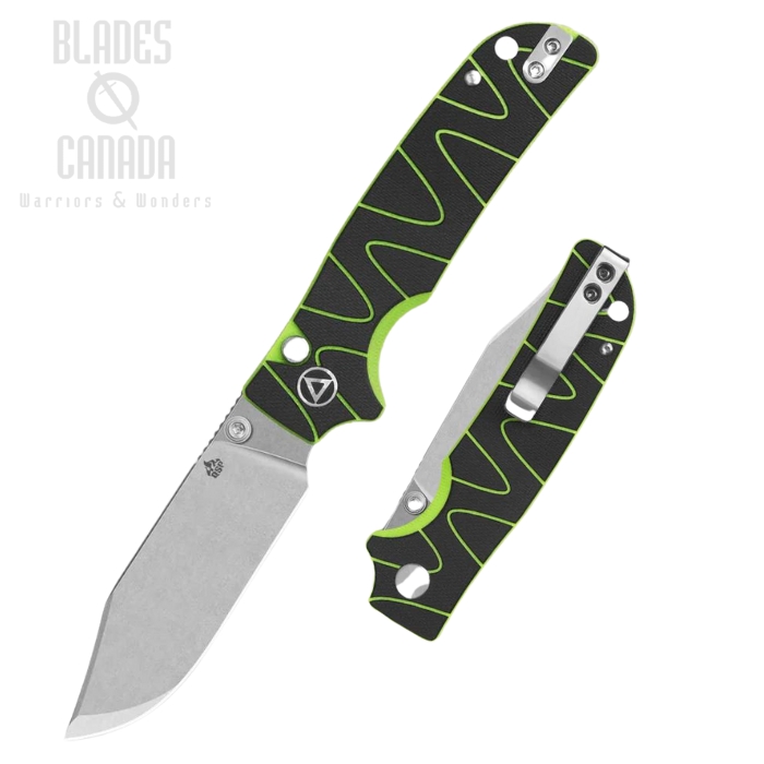 QSP Kali Button Lock Folding Knife, 14C28N Stonewash, G10 Black/Neon Green, QS159-C1