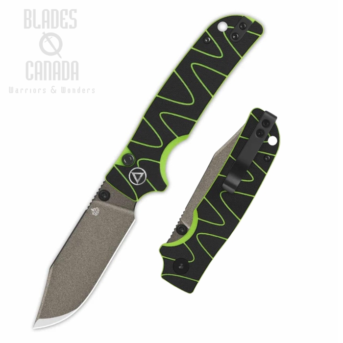 QSP Kali Button Lock Folding Knife, 14C28N Champagne, G10 Black/Neon Green, QS159-C2