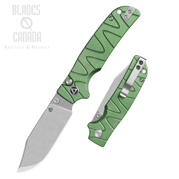 QSP Kali Button Lock Folding Knife, 14C28N Stonewash, Aluminum Green, QS159-E1