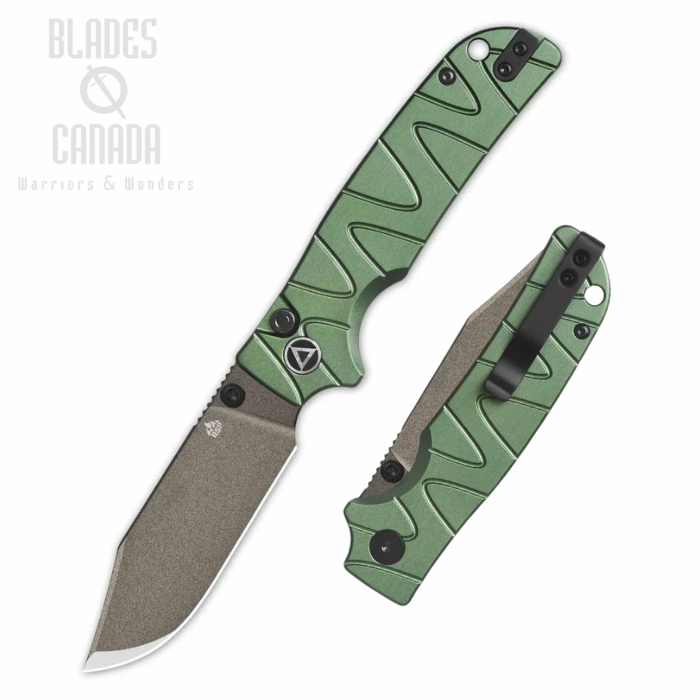 QSP Kali Button Lock Folding Knife, 14C28N Champagne, Aluminum Green, QS159-E2