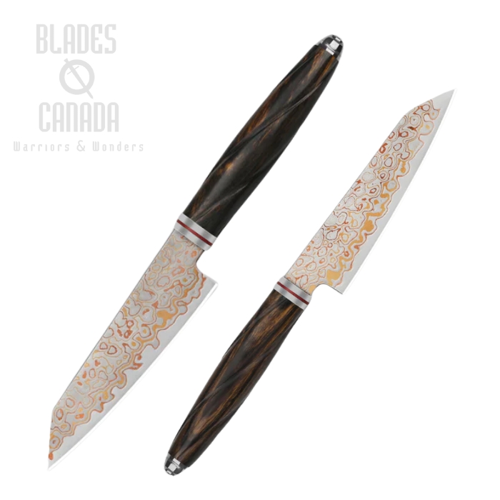 QSP Mulan Series Kiritsuke Kitchen Knife, Brass Copper Damascus 4", Desert Iron Wood, QS-KK-005C