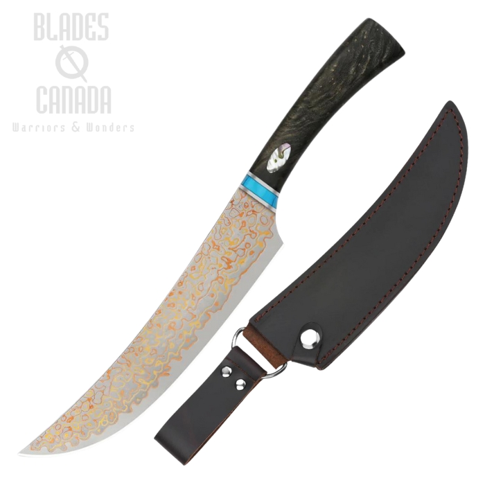 QSP Noble Series Butcher Kitchen Knife, Copper Damascus 7.75", Wood/Abalone, QS-KK-006B