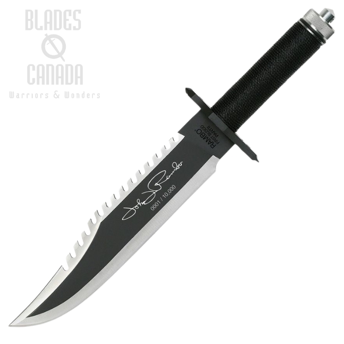 Rambo First Blood II John Rambo Fixed Blade Knife, Stainless Two-Tone Sawback, Cord Wrapped, RB9424