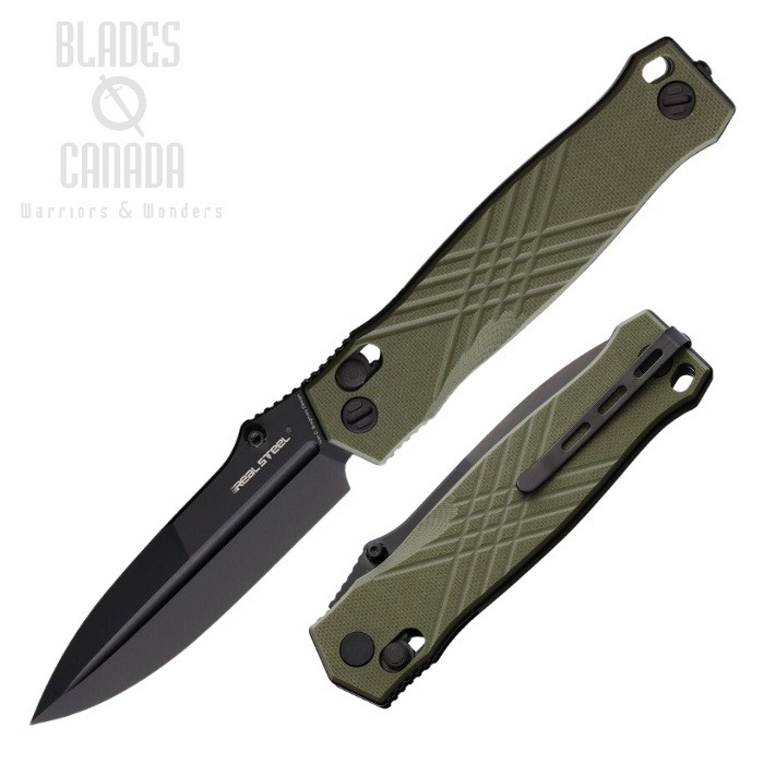 Real Steel Muninn Slide-Lock Folding Knife, VG10 Black, G10 OD Green, RS7752GB