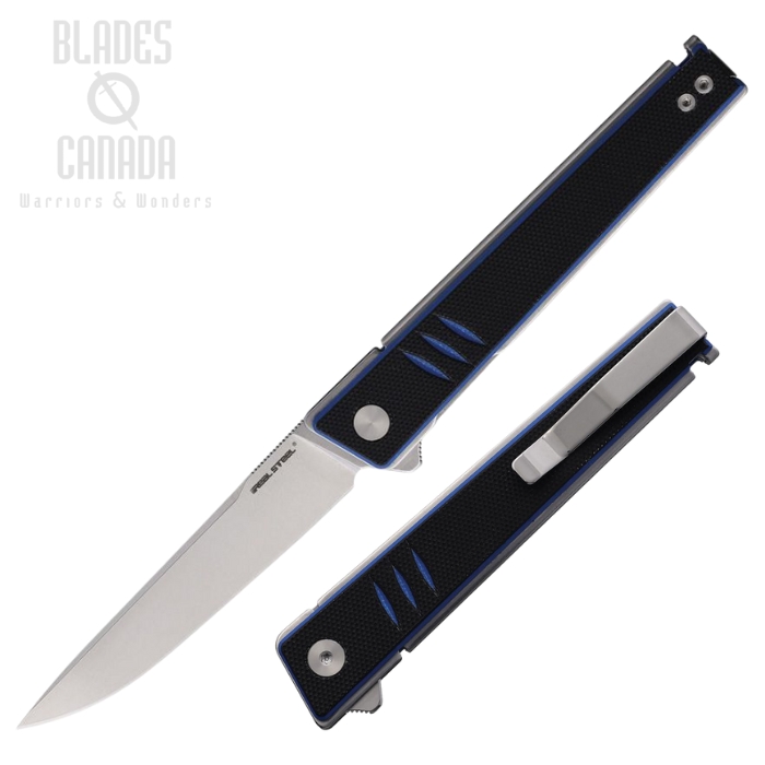 Real Steel Kikashi Flipper Folding Knife, 14C28N SW, G10 Black/Blue, RS8071DS