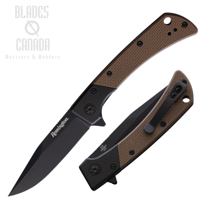 Remington EDC Flipper Folding Knife, D2 Black, G10 Brown w/Black Stainless Bolsters, R15667