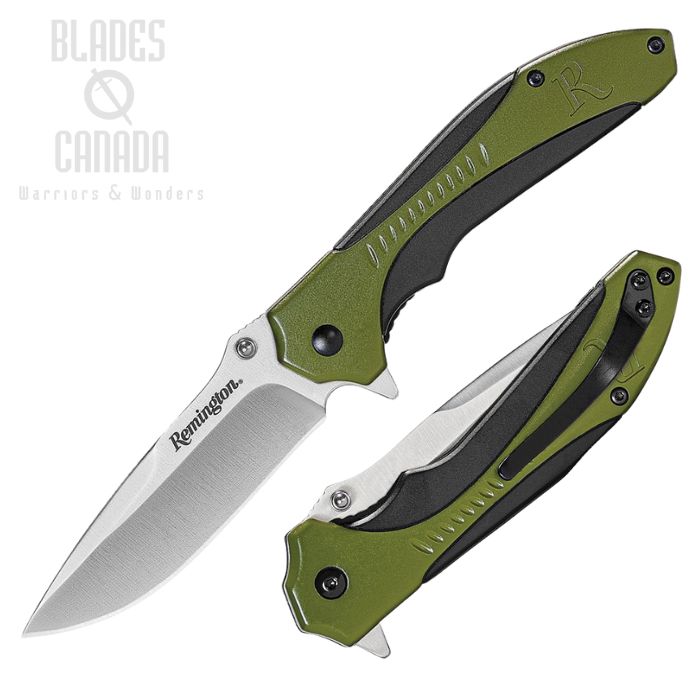 Remington Sportsman Flipper Folding Knife, Stainless Satin, Green/Black Handle, R15672