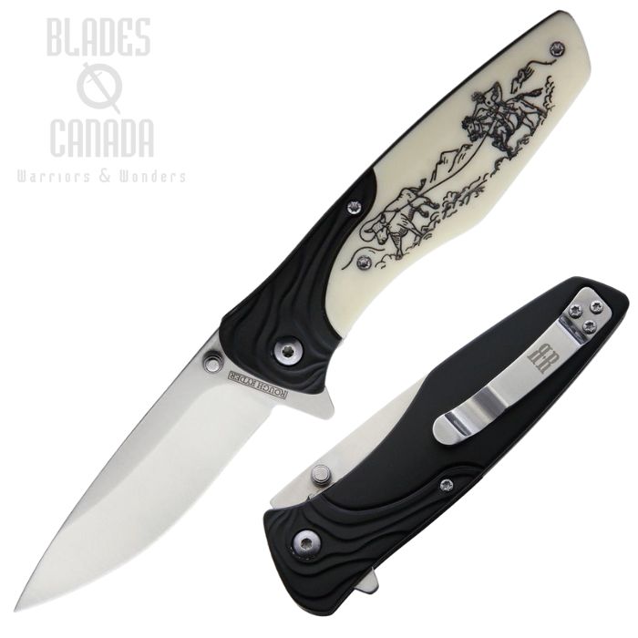 Rough Ryder Cowboy Scrimshaw Flipper Folding Knife, Assisted Opening, Stainless Satin, Aluminum Black/White Bone, RR2100