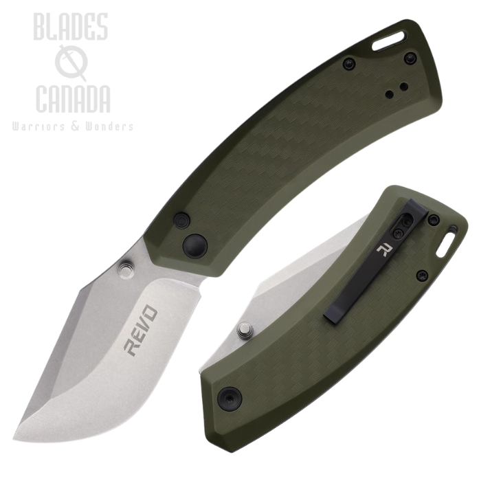 Revo Canyon Button Lock Folding Knife, Stonewash Blade, FRN OD Green, REVCNYNGRN