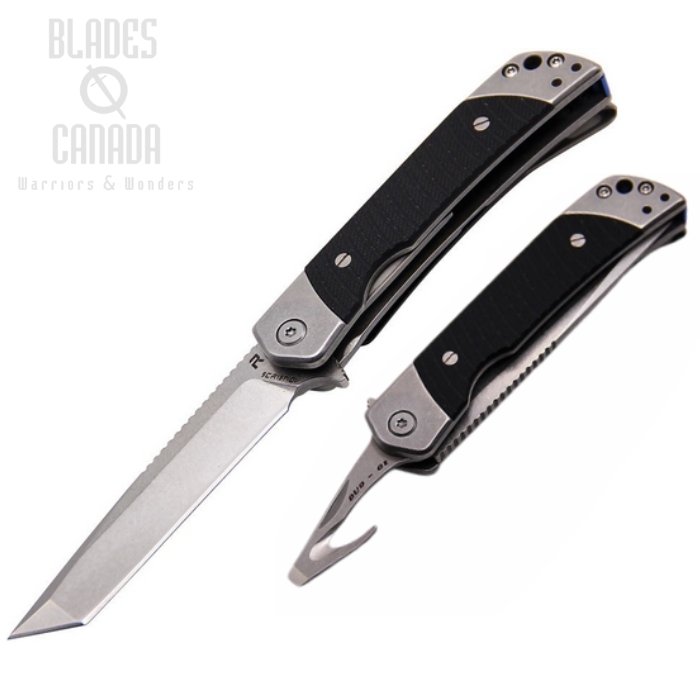 Revo Dupo Flipper Folding Knife, Stonewash Tanto w/Guthook Blades, G10 Black, DUOTBLK