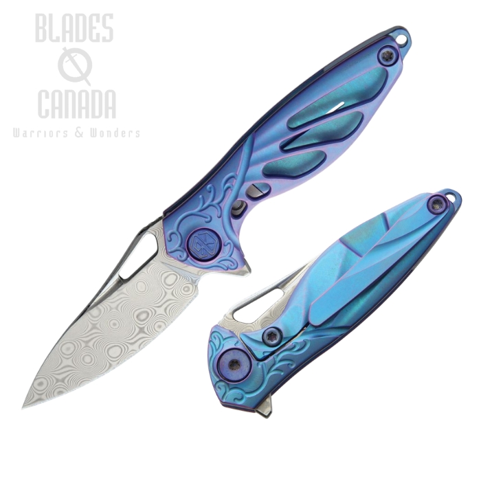 Rike Hummingbird Flipper Framelock Knife, Damasteel, Titanium Blue Ano, RKMINIB