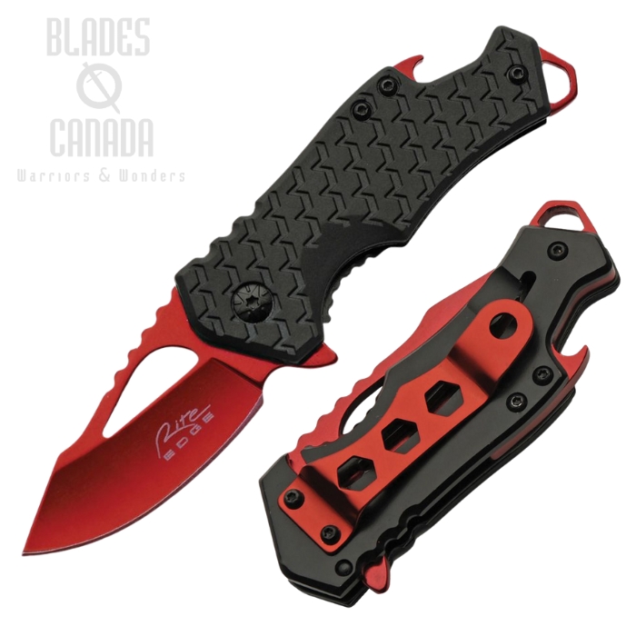 Rite Edge Basllistics Flipper Folding Knife, Assisted Opening, Stainless Red, Black Handle, CN300587RD