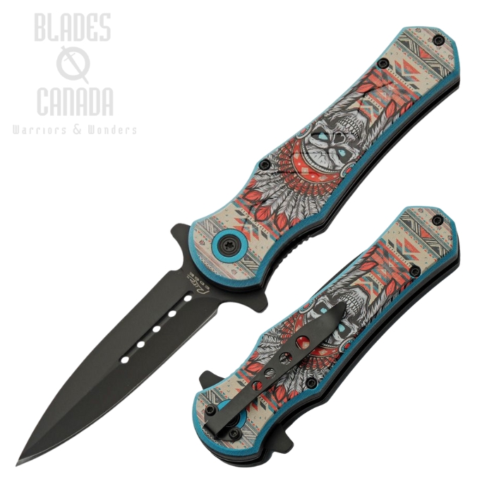 Rite Edge Headdress Flipper Folding Knife, Assisted Opening, ABS Skull Handle, CN300603SK